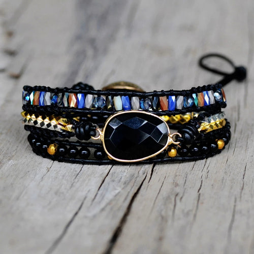 Black Agate leather wrap bracelet